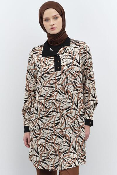 Tuğba Garnili Desenli Jakar Tunik - Kahve