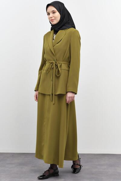 Tuğba Gaze Dikiş Detaylı Godeli Etek - Olive