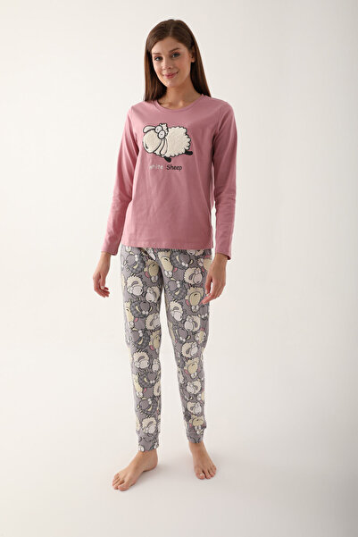 ARNETTE طقم بيجامة نسائي بأكمام طويلة باللون الوردي الغنم الأبيض