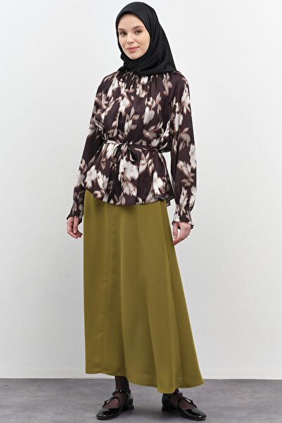 Tuğba Gaze Dikiş Detaylı Godeli Etek - Olive