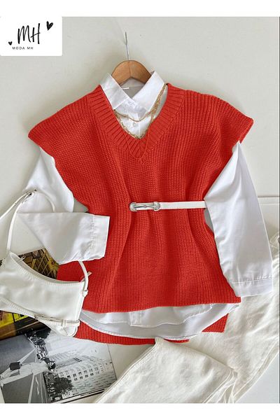 moda mh V-Neck Knitwear Thessaloniki Sweater - Front Height 65cm, Back Height 70cm, Width 50cm