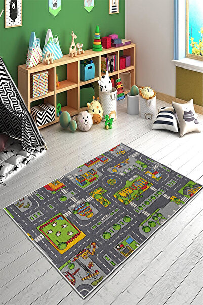 PINKIE HOME Kaymaz Taban Makinede Yıkanabilir Leke Tutmaz Yol Desenli Oyun Ha...