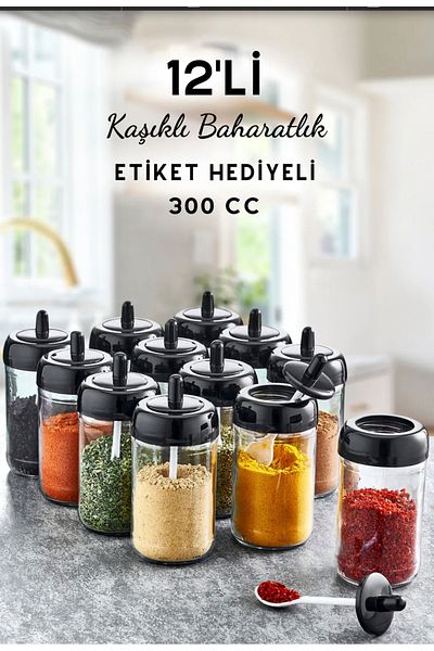 Blanc Home 12 Piece Glass Spice Jar Set with Lid and Spoon 300 Cc - Spice Label Gift