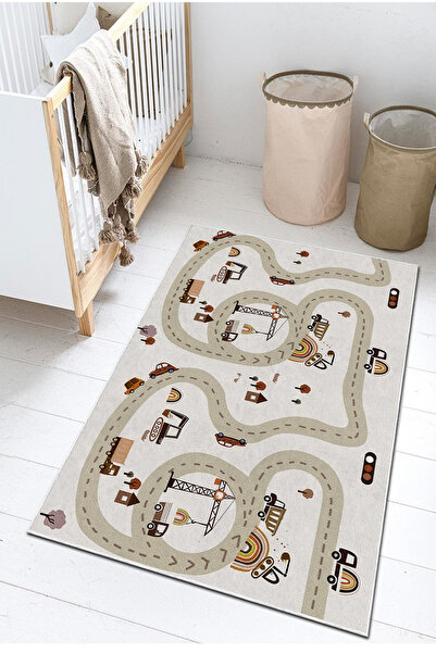 PINKIE HOME Kaymaz Taban Makinede Yıkanabilir Leke Tutmaz Yol Desenli Oyun Ha...