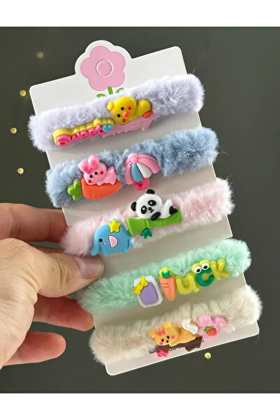 Butik Cute Figured Plush 5-Piece Hair Clips Set Soft and Fun Designs