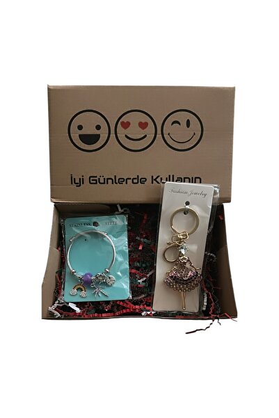 By Semra Gökkuşağı Charm Çelik Bileklik ve Taşlı Balerin Anahtarlık ve Çanta Aksesuarı Hediye Set
