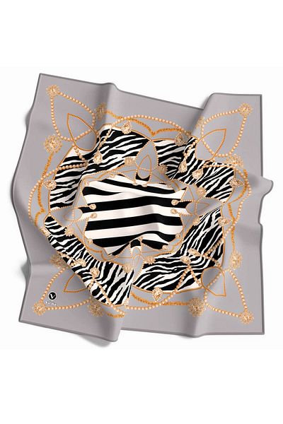 VİOLLA Ασημένιο μαντήλι με σχέδιο Zebra - 90x90, χωρίς μετάξι, λεπτομέρεια ραμμένη στο χέρι