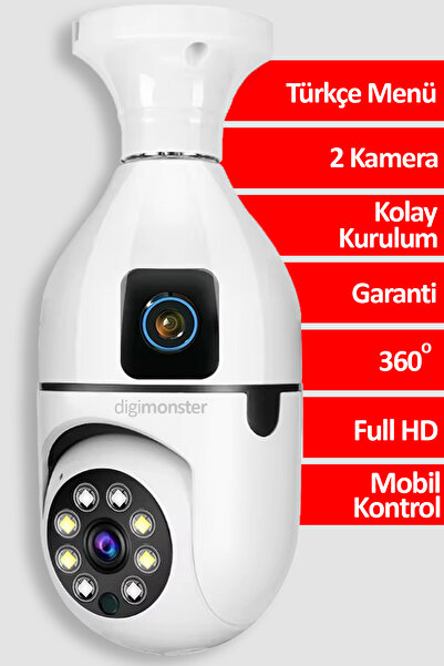 DigiMonster Çift Kameralı E27 Duy Ampul Kamera Sesli Mikrofonlu Gecegörüşlü Wifi IP Kamera