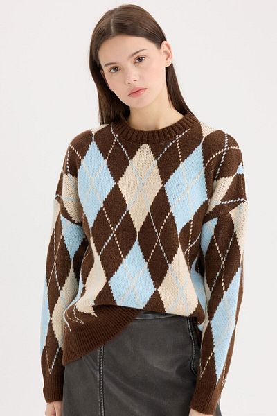 DeFacto Regular Fit Argyle Crew Neck Knitwear Sweater D9519Ax24Wn