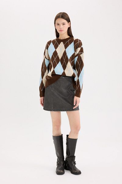 DeFacto Regular Fit Argyle Crew Neck Knitwear Sweater D9519Ax24Wn