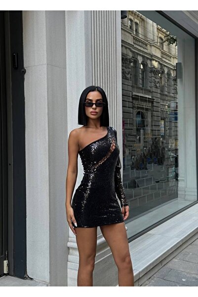 morita Kadın Göğüs Dekolteli Tek Kol Payetli Siyah Mini Boy Elbise