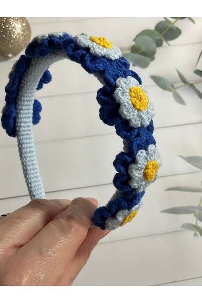 MADE BY PERİ Navy Blue-White Floral Print Crown and Hand-Knitted
