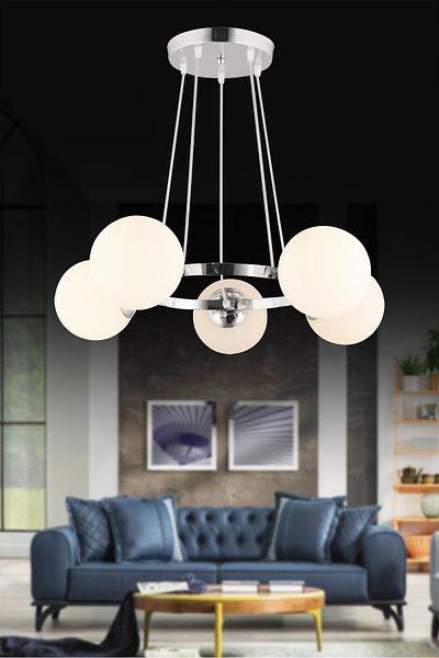 SONSUZ AYDINLATMA&AVİZE Queen Chrome 5-Piece Ring White Globe Glass Modern Chandelier