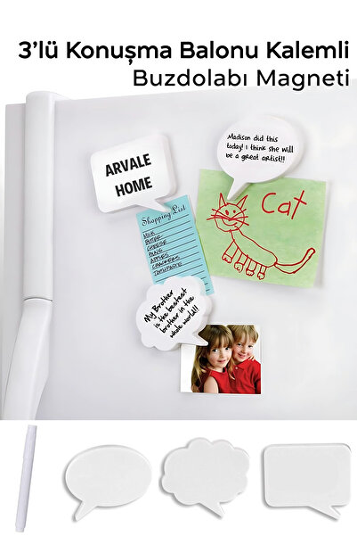 ARVALE 3'lü Konuşma Balonu Buzdolabı Magneti | 3 Magnet ve Yazı Kalemi