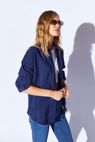Manche Navy Blue Oversize Women's Shirt - Modal Soft Textured, Soft Hidden Pat Detail, Mks 168262 -01