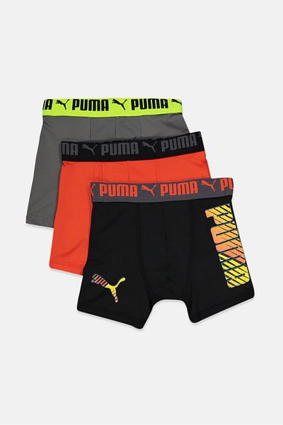 Puma ملابس داخلية قصيرة بشعار العلامة التجارية للأولاد مكونة من 3 قطع، باللون الرمادي