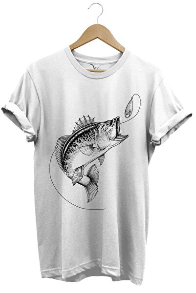 WİDİ Pescuit Pescuit Imprimat Momeală Pescuit Tricou 100% Bumbac Crewneck Alb