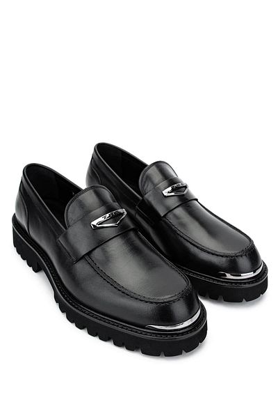 Tamer Tanca Men's Genuine Leather Black Leather Loafer Shoes