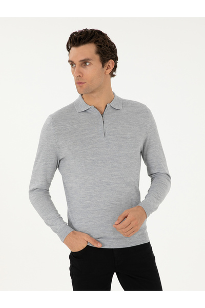 Cacharel Gri Regular Fit Yün Karışımlı Fermuarlı Polo Yaka Basic Triko Kazak ...