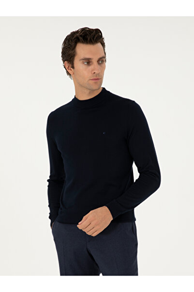 Cacharel Lacivert Slim Fit Yün Karışımlı Çeyrek Balıkçı Yaka Basic Triko Kazak 50296402-VR033