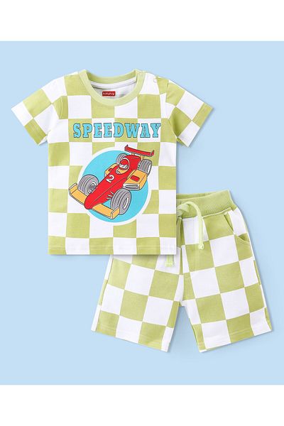 Babyhug Babyhug Single Jersey Knit Half Sleeves T-Shirt & Shorts With Cars & Checks Print - White & Green