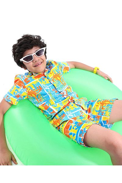 Ollington St. Ollington St. 100% Cotton Knit California Print Short Sleeves Shirt & Shorts/Co/ord Set -Multi Color