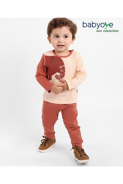 Babyoye Cotton Waffle Knit Full Sleeves T-Shirt And Lounge Pant Elephant Print - Brown