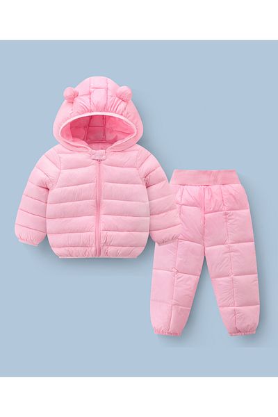 SAPS 3D Ear Detailed Solid Full Sleeves Hooded Winter Jacket & Pants/Co/ord Set - Pink