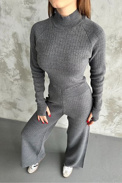 macharel jeans Half Fisherman Knitted Crop Sweater Trousers Knitwear Top and Bottom Set