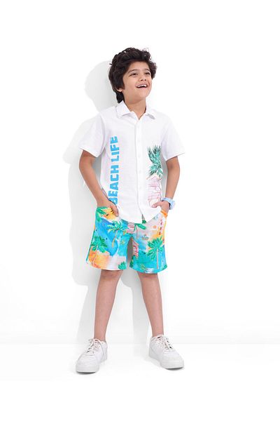 Ollington St. Ollington St. 100% Cotton Knit Half Sleeves Shirt & Shorts Set Tropical Theme ??Multi Color