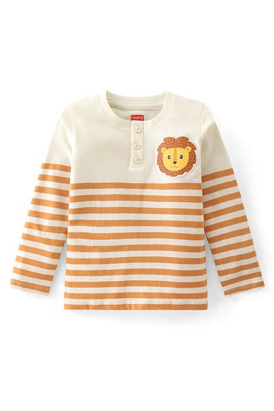 Babyhug Babyhug Single Jersey Knit Full Sleeve Striped Henley T-Shirt & Lounge Pants Set Lion Patch-Orange