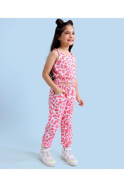 Ollington St. Ollington St. 100% Cotton Sleeveless Top & Joggers Co/ord Set With Giraffe Print - Pink