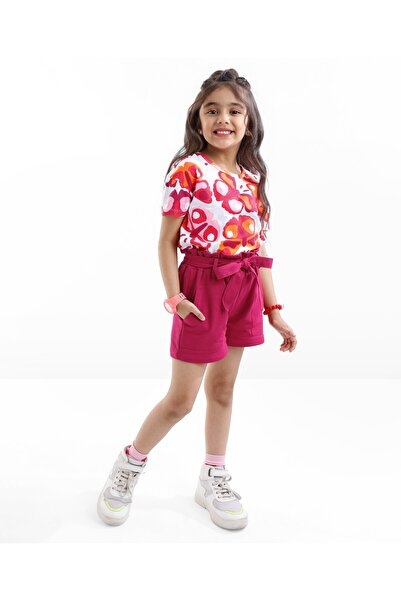 Ollington St. Ollington St. 100% Cotton Butterfly Print Top & Paperbag Shorts Self Fabric Belt -White & Maroon