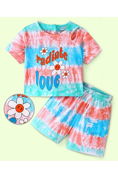 Ollington St. Ollington St. 100% Cotton Tie & Dyed Half Sleeve Top With Chest Print & Shorts/Co/ord Set-Multicolor