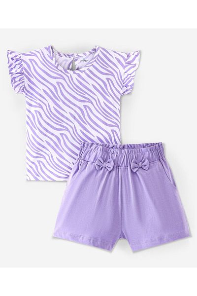 Ollington St. Ollington St. 100% Cotton Knit Short Sleeves Top & Shorts Set Abstract Print - White & Purple