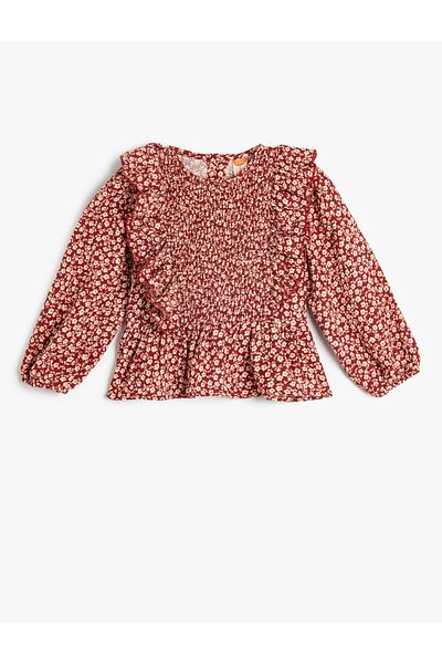 Koton Baumwollbluse mit langen Ärmeln und Blumenmuster – Rundhalsausschnitt und Rüschen