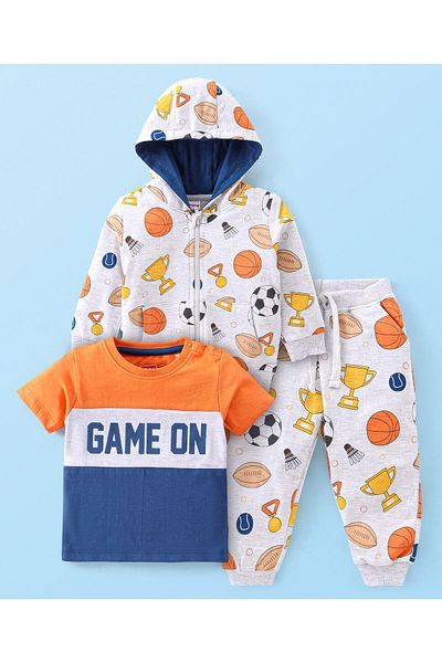Babyhug 100% Cotton Full Sleeve Hoodie T-Shirt,Lounge Pants Text,Basketball Print-Grey,Navy Blue