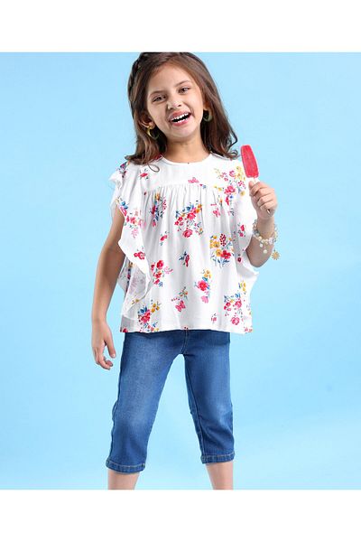 Babyhug Rayon Half Sleeves Floral Top With Capri Length Denim With Stretch-Multicolour