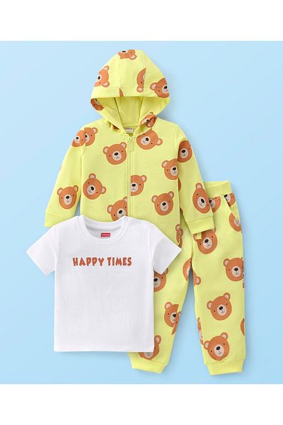 Babyhug 100% Cotton Knit Full Sleeves Jacket with T-Shirt & Lounge Pant Bear Print - Light Green