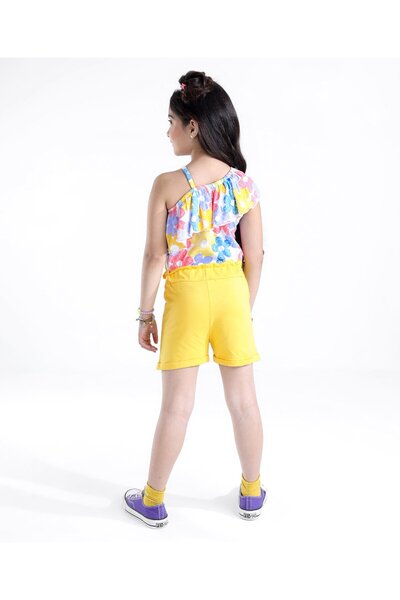 Ollington St. Ollington St. Cotton Knit One Shoulder Sleeves Top and Shorts Set Floral Print - Yellow White & Pink