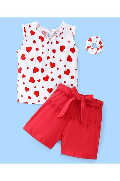Ollington St. Ollington St. Cotton Knit Sleeveless Top & Shorts Set Heart Print - White & Red