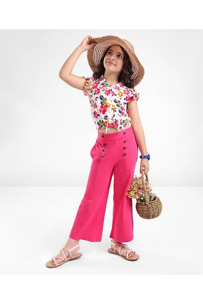 Ollington St. Ollington St. Cotton Half Sleeves Floral Print Top & Pant Set - White & Pink