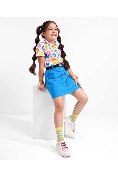 Ollington St. Ollington St. 100% Cotton Half Sleeves Top & Skirt With Floral Print - Blue & White