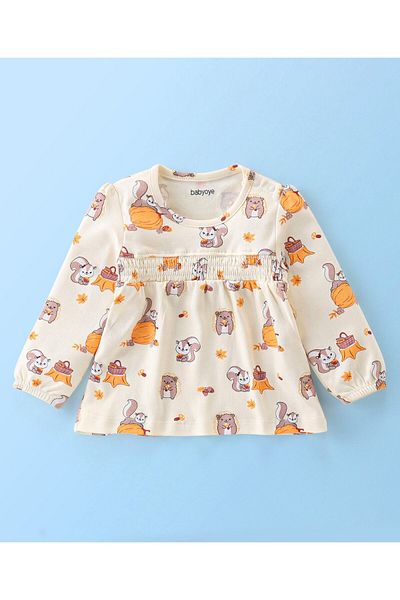 Babyoye Eco-Conscious Organic Cotton Full Sleeve Top & Legging With Squirrel Print -Offwhite & Peach
