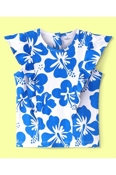Ollington St. Ollington St. 100% Cotton Frill Sleeveless Floral ed Top & Shorts Self Fabric Belt Set-White & Blue