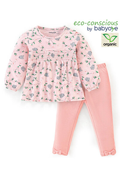 Babyoye Eco Conscious 100% Cotton Full Sleeves Top & Leggings Set Floral Print- Pink