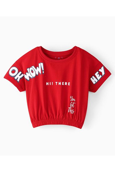 Ollington St. Ollington St. Cotton Knit Half Sleeves Top & Pants Set Text Print - Red & Multicolor