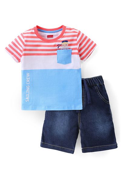 Babyhug Babyhug Half Sleeves Cotton Knit Striped Tee and Denim Shorts Set Sailor Print - Blue