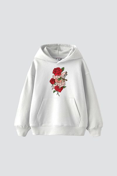 Sekizbiraltı Love Is Real Printed Oversize Unisex White Hoodie