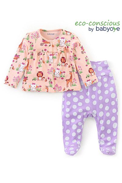Babyoye Eco Conscious 100% Cotton Full Sleeve Top & Bootie Legging Set Wild Animals -Pink & Purple